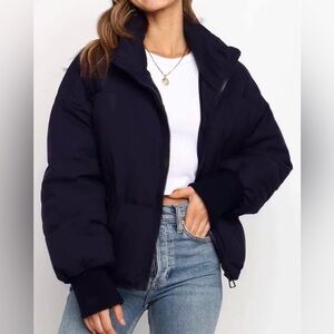 Dark Midnight Navy Blue Puffer Coat Warm Quilted Zip Up Jacket NEW